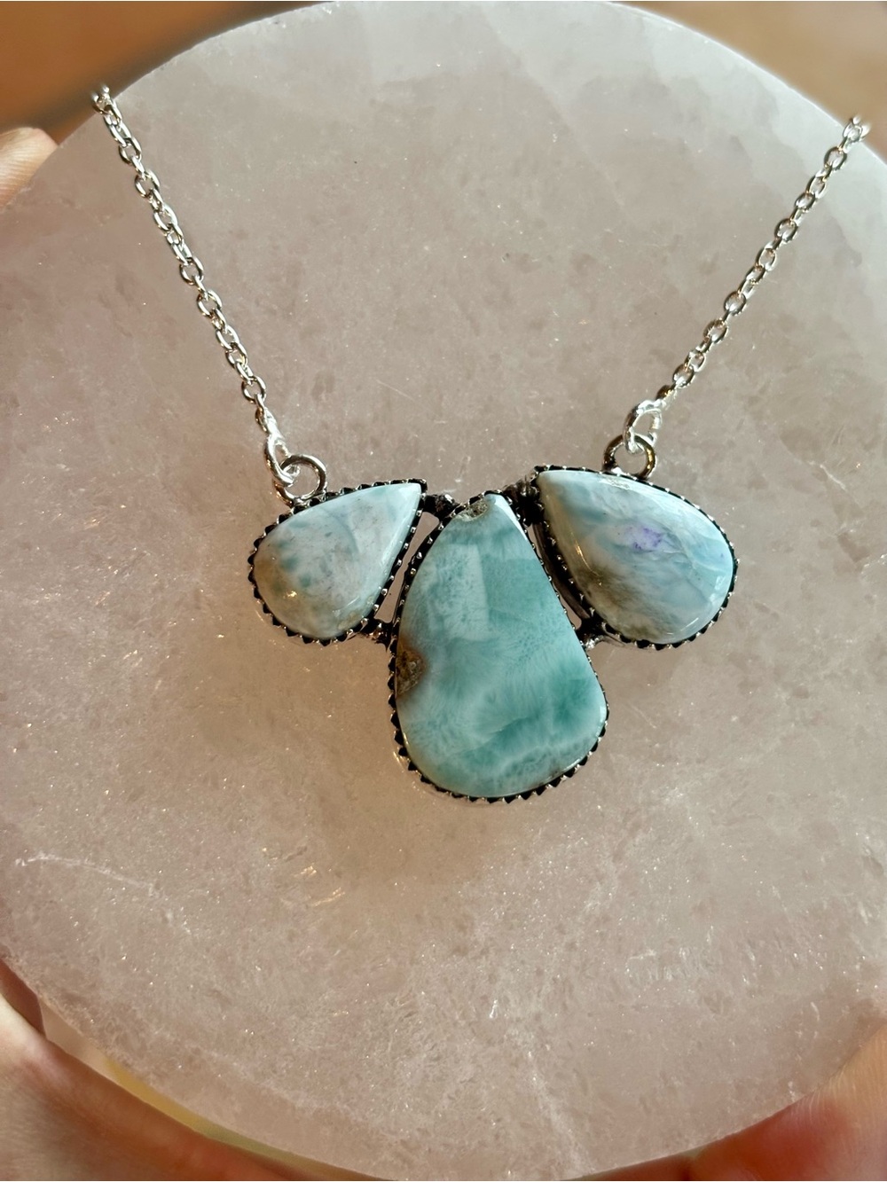 Larimar Statement Necklace – Sterling Silver Chain – Ocean Blue Natural Stone
